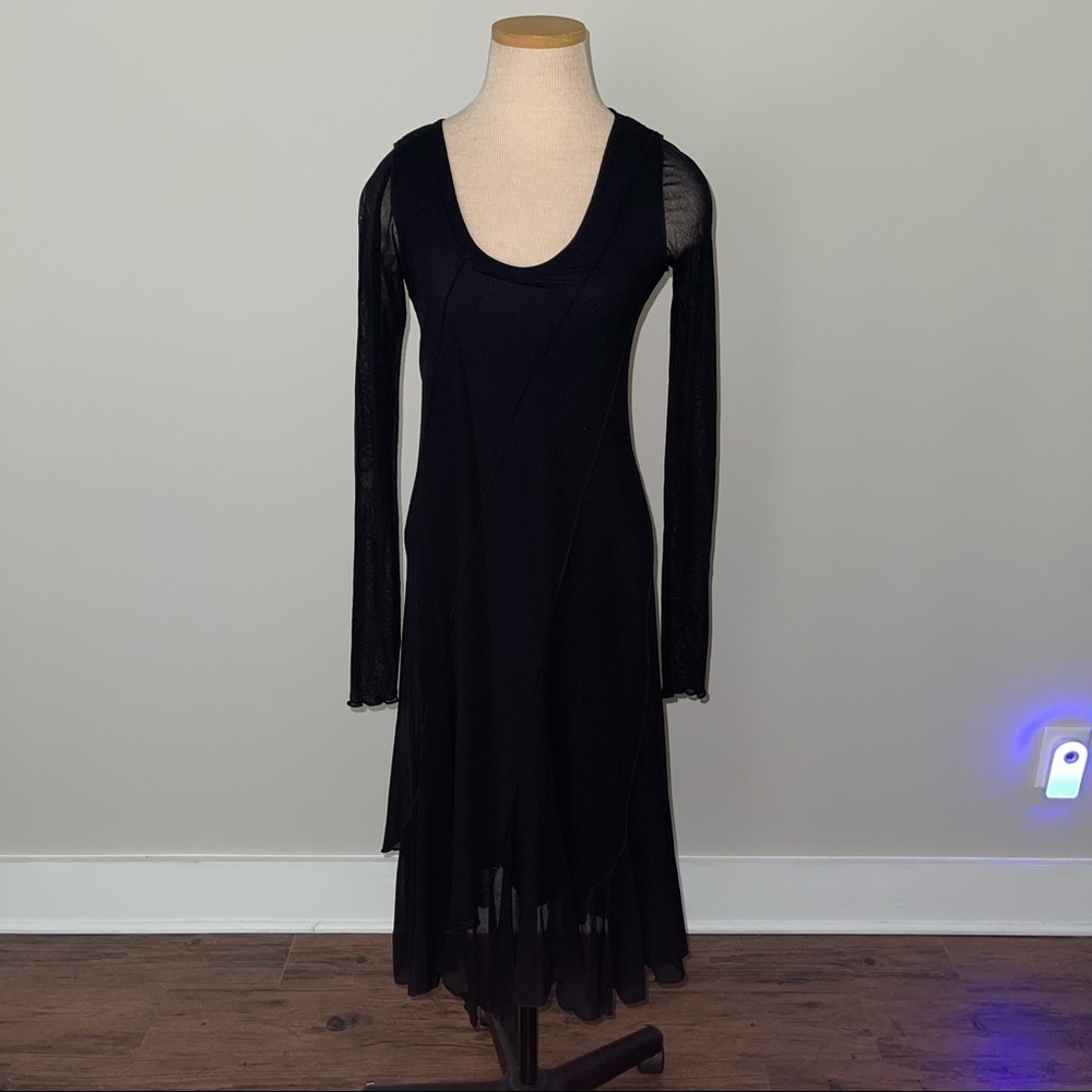 Fuzzi Black Mesh Long Sleeve Seamed Asymmetric Cocktail Shift Dress Size L - Picture 5 of 7
